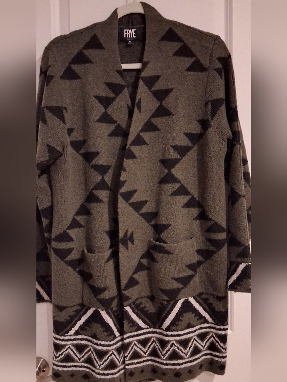 FRYE Olive & Black Geometric Open-Front Cardigan
